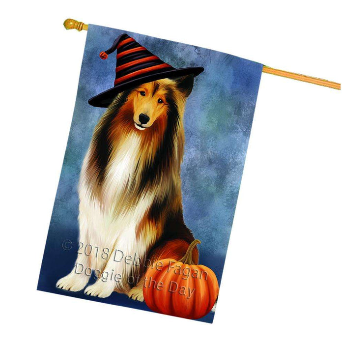 Happy Halloween Rough Collie Dog Wearing Witch Hat with Pumpkin House Flag FLG55099