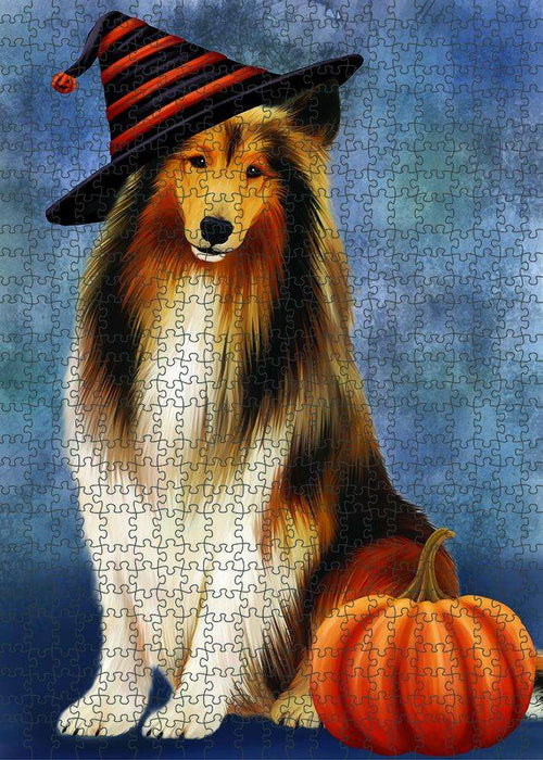 Happy Halloween Rough Collie Dog Wearing Witch Hat with Pumpkin Puzzle with Photo Tin PUZL86760