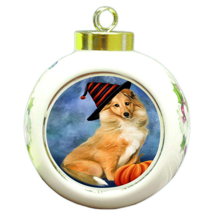 Happy Halloween Rough Collie Dog Wearing Witch Hat with Pumpkin Round Ball Christmas Ornament RBPOR55037