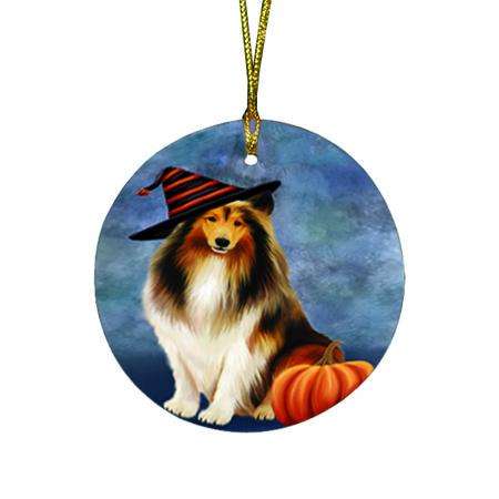 Happy Halloween Rough Collie Dog Wearing Witch Hat with Pumpkin Round Flat Christmas Ornament RFPOR54892