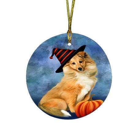 Happy Halloween Rough Collie Dog Wearing Witch Hat with Pumpkin Round Flat Christmas Ornament RFPOR55028