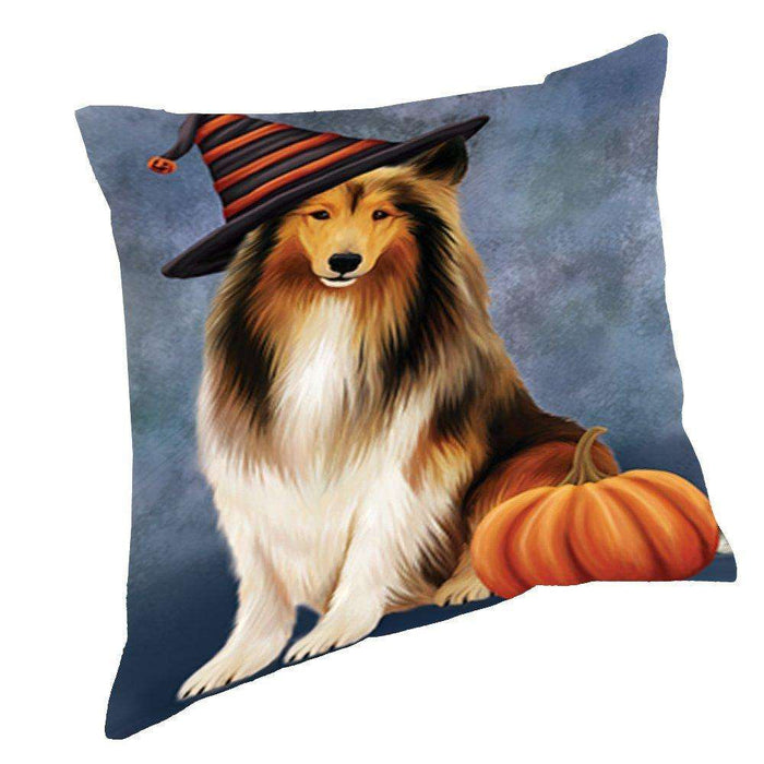 Happy Halloween Rough Collie Dog Wearing Witch Hat with Pumpkin Throw Pillow D147