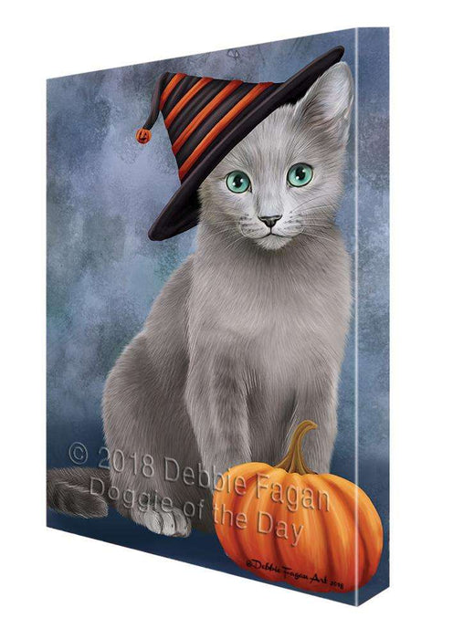 Happy Halloween Russian Blue Cat Wearing Witch Hat with Pumpkin Canvas Print Wall Art Décor CVS111662