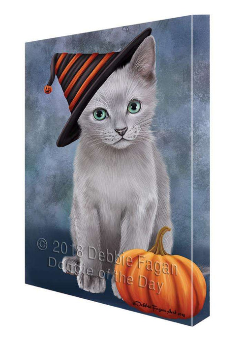 Happy Halloween Russian Blue Cat Wearing Witch Hat with Pumpkin Canvas Print Wall Art Décor CVS111671