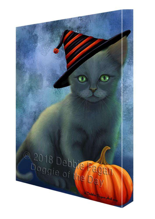 Happy Halloween Russian Blue Cat Wearing Witch Hat with Pumpkin Canvas Print Wall Art Décor CVS111968