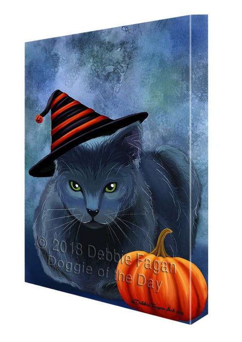 Happy Halloween Russian Blue Cat Wearing Witch Hat with Pumpkin Canvas Print Wall Art Décor CVS111977