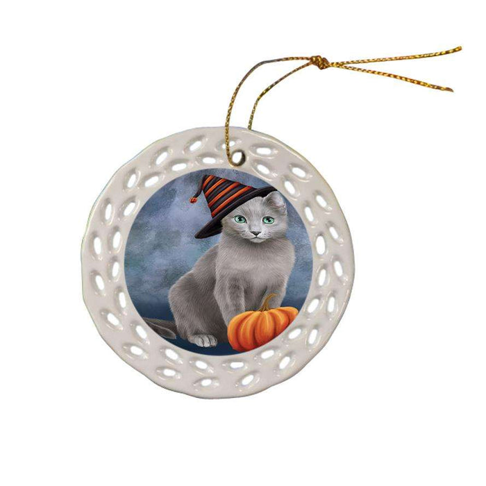 Happy Halloween Russian Blue Cat Wearing Witch Hat with Pumpkin Ceramic Doily Ornament DPOR54868