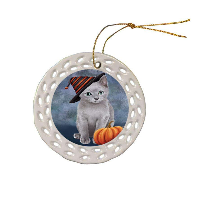 Happy Halloween Russian Blue Cat Wearing Witch Hat with Pumpkin Ceramic Doily Ornament DPOR54869