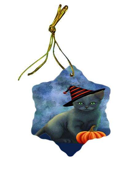 Happy Halloween Russian Blue Cat Wearing Witch Hat with Pumpkin Ceramic Doily Ornament DPOR54902