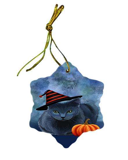 Happy Halloween Russian Blue Cat Wearing Witch Hat with Pumpkin Ceramic Doily Ornament DPOR54903