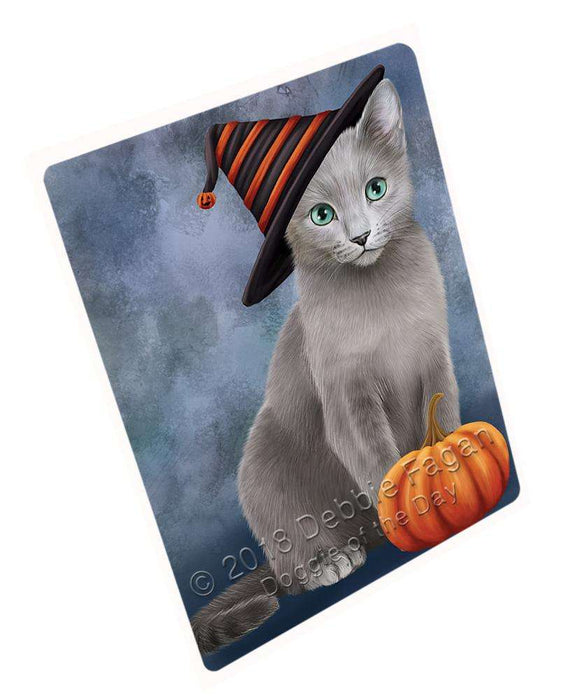 Happy Halloween Russian Blue Cat Wearing Witch Hat with Pumpkin Cutting Board C69048