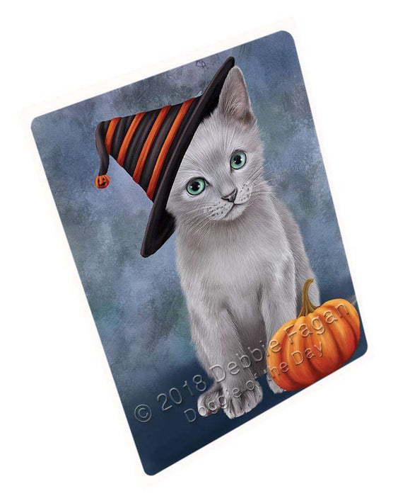 Happy Halloween Russian Blue Cat Wearing Witch Hat with Pumpkin Cutting Board C69051