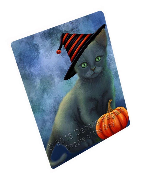 Happy Halloween Russian Blue Cat Wearing Witch Hat with Pumpkin Cutting Board C69150