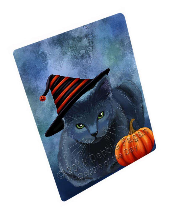 Happy Halloween Russian Blue Cat Wearing Witch Hat with Pumpkin Cutting Board C69153