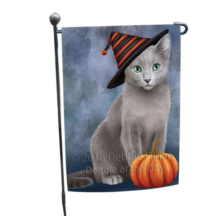 Happy Halloween Russian Blue Cat Wearing Witch Hat with Pumpkin Garden Flag GFLG54930