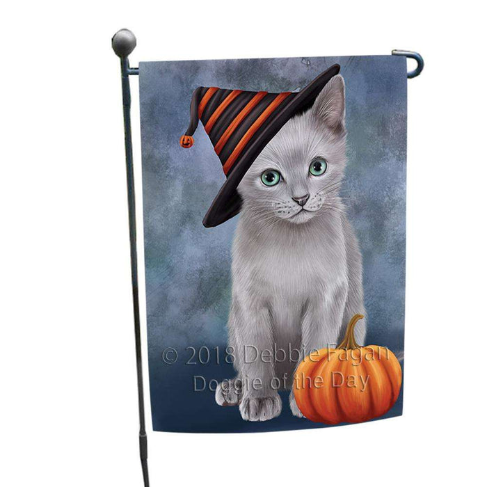 Happy Halloween Russian Blue Cat Wearing Witch Hat with Pumpkin Garden Flag GFLG54931