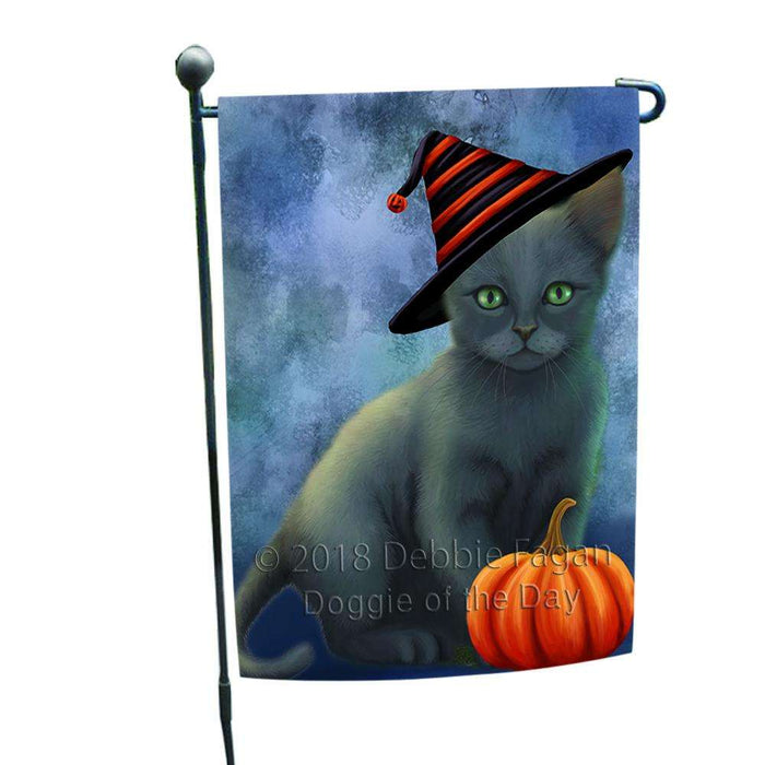 Happy Halloween Russian Blue Cat Wearing Witch Hat with Pumpkin Garden Flag GFLG54964