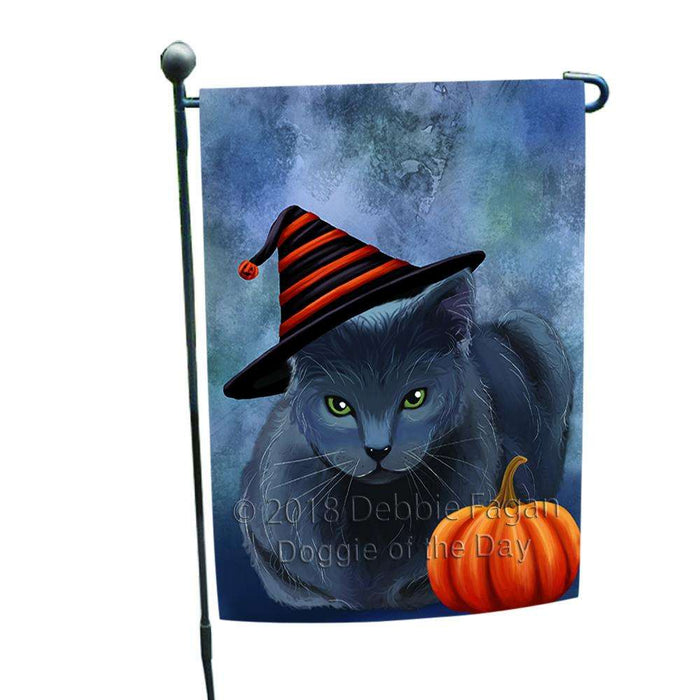 Happy Halloween Russian Blue Cat Wearing Witch Hat with Pumpkin Garden Flag GFLG54965