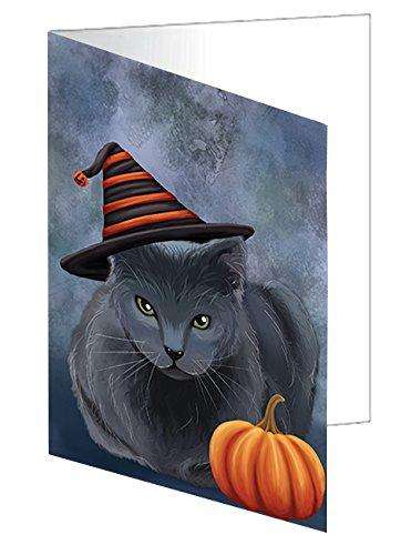 Happy Halloween Russian Blue Cat Wearing Witch Hat with Pumpkin Handmade Artwork Assorted Pets Greeting Cards and Note Cards with Envelopes for All Occasions and Holiday Seasons D077