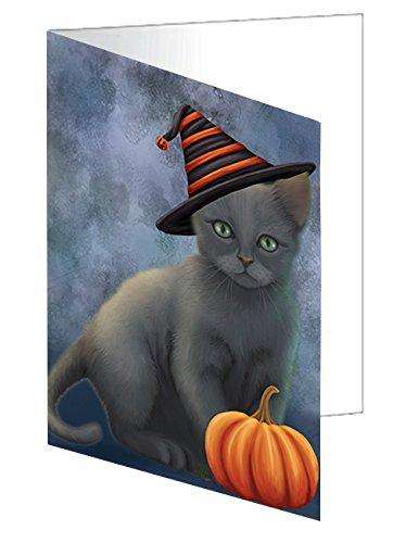 Happy Halloween Russian Blue Cat Wearing Witch Hat with Pumpkin Handmade Artwork Assorted Pets Greeting Cards and Note Cards with Envelopes for All Occasions and Holiday Seasons D079