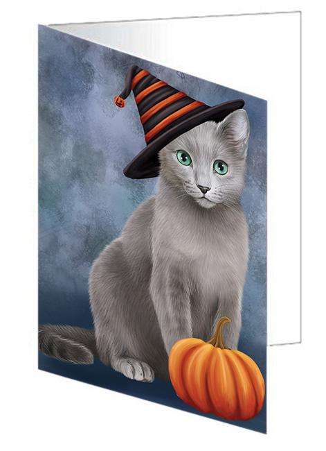 Happy Halloween Russian Blue Cat Wearing Witch Hat with Pumpkin Handmade Artwork Assorted Pets Greeting Cards and Note Cards with Envelopes for All Occasions and Holiday Seasons GCD68633