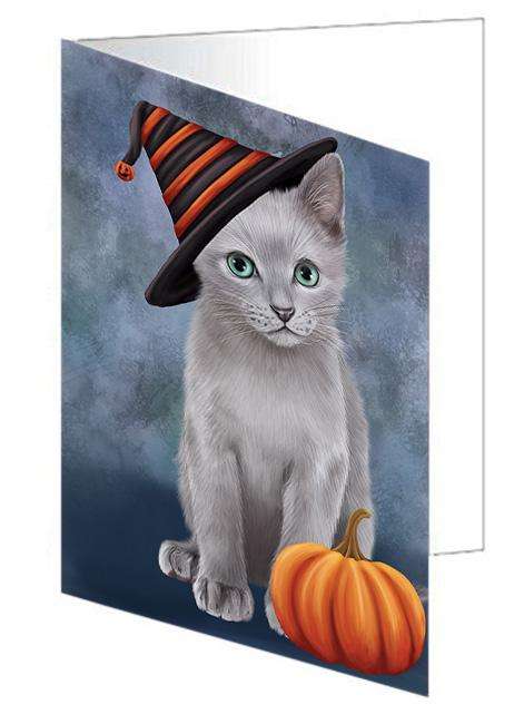 Happy Halloween Russian Blue Cat Wearing Witch Hat with Pumpkin Handmade Artwork Assorted Pets Greeting Cards and Note Cards with Envelopes for All Occasions and Holiday Seasons GCD68636