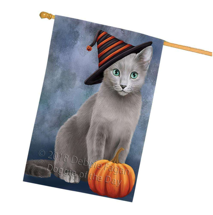 Happy Halloween Russian Blue Cat Wearing Witch Hat with Pumpkin House Flag FLG55066