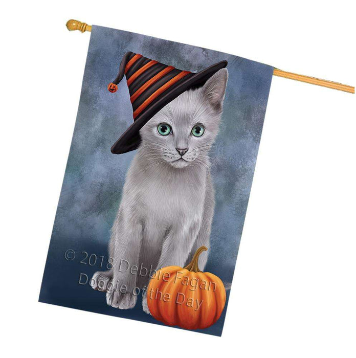 Happy Halloween Russian Blue Cat Wearing Witch Hat with Pumpkin House Flag FLG55067