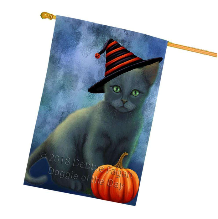 Happy Halloween Russian Blue Cat Wearing Witch Hat with Pumpkin House Flag FLG55100