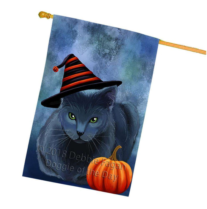 Happy Halloween Russian Blue Cat Wearing Witch Hat with Pumpkin House Flag FLG55101