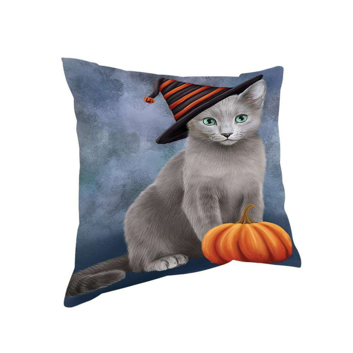 Happy Halloween Russian Blue Cat Wearing Witch Hat with Pumpkin Pillow PIL76096