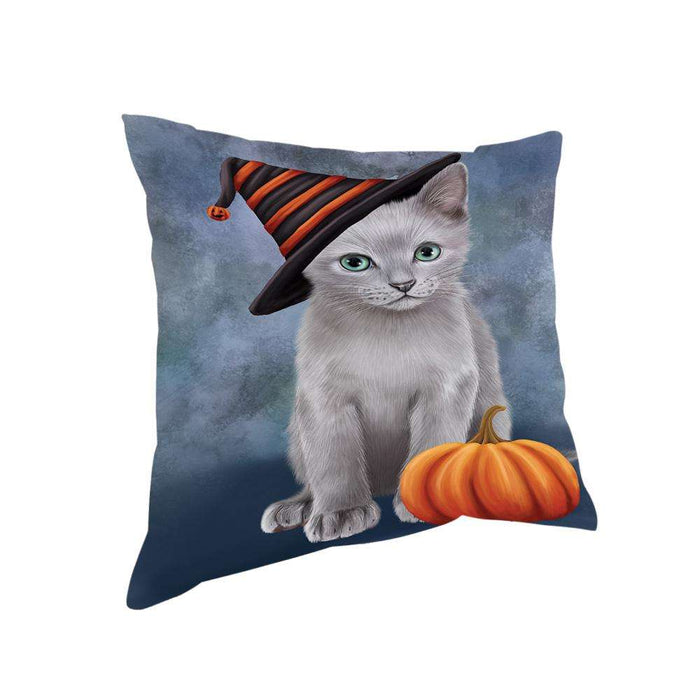 Happy Halloween Russian Blue Cat Wearing Witch Hat with Pumpkin Pillow PIL76100