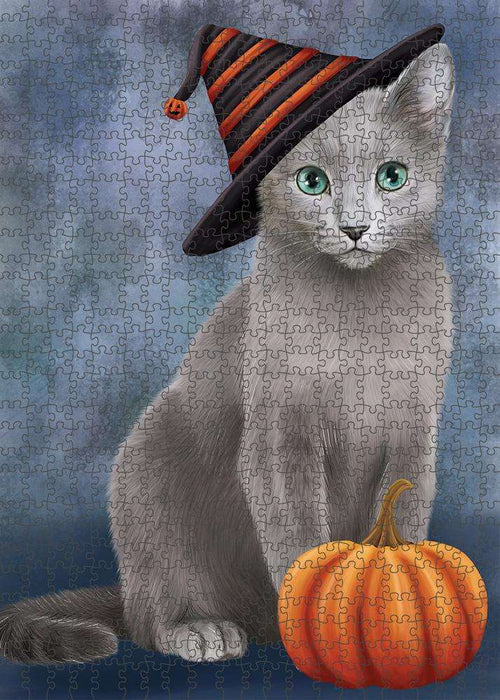 Happy Halloween Russian Blue Cat Wearing Witch Hat with Pumpkin Puzzle with Photo Tin PUZL86628