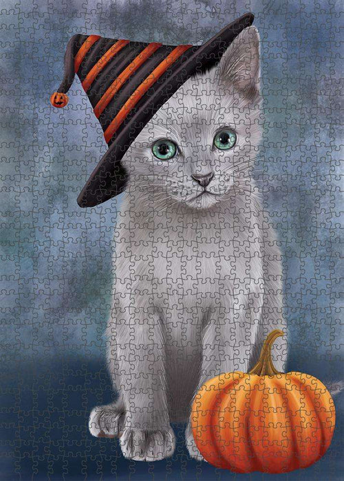 Happy Halloween Russian Blue Cat Wearing Witch Hat with Pumpkin Puzzle with Photo Tin PUZL86632