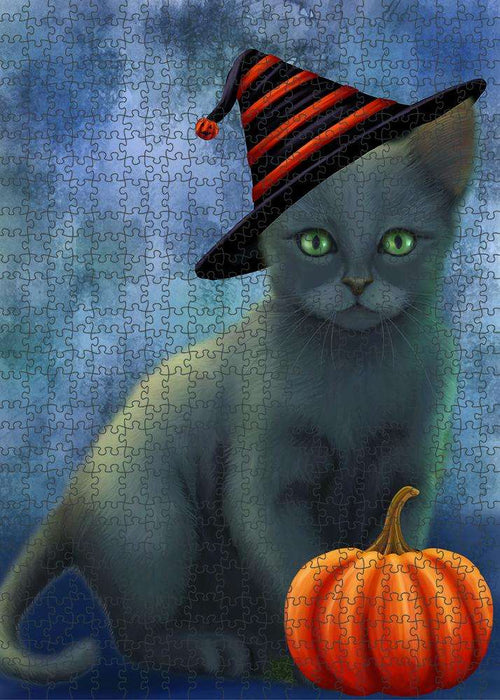 Happy Halloween Russian Blue Cat Wearing Witch Hat with Pumpkin Puzzle with Photo Tin PUZL86764