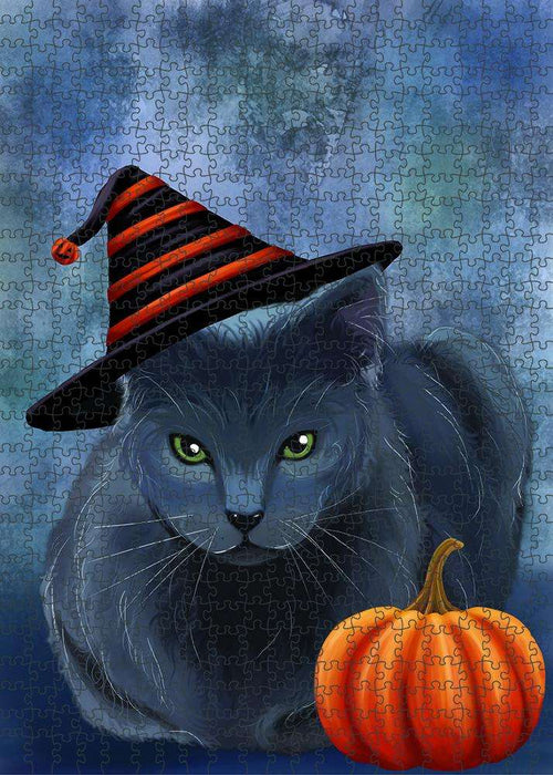 Happy Halloween Russian Blue Cat Wearing Witch Hat with Pumpkin Puzzle with Photo Tin PUZL86768