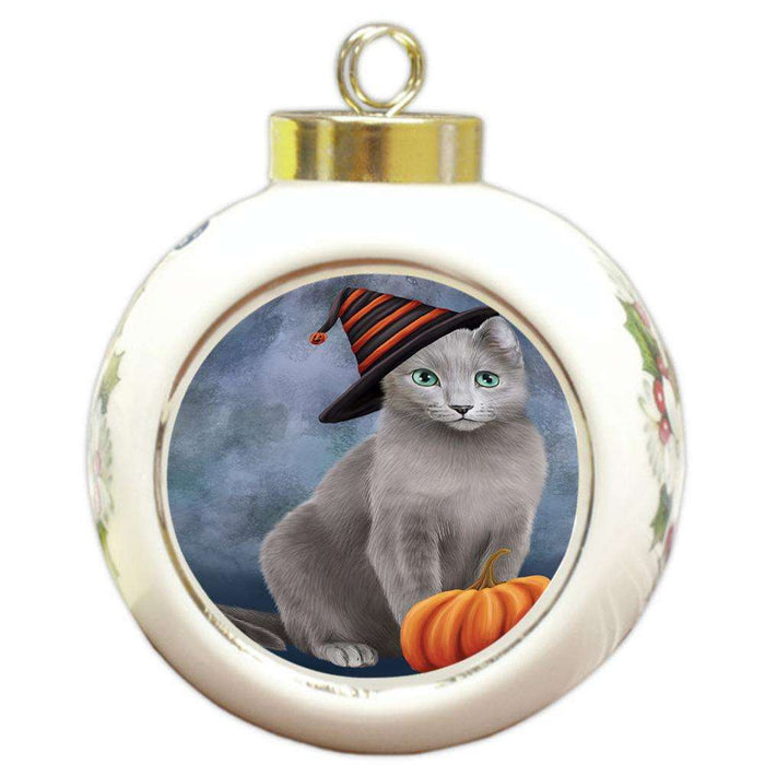 Happy Halloween Russian Blue Cat Wearing Witch Hat with Pumpkin Round Ball Christmas Ornament RBPOR54868