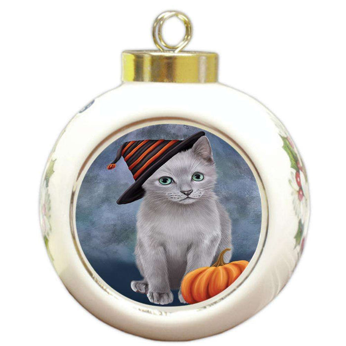 Happy Halloween Russian Blue Cat Wearing Witch Hat with Pumpkin Round Ball Christmas Ornament RBPOR54869