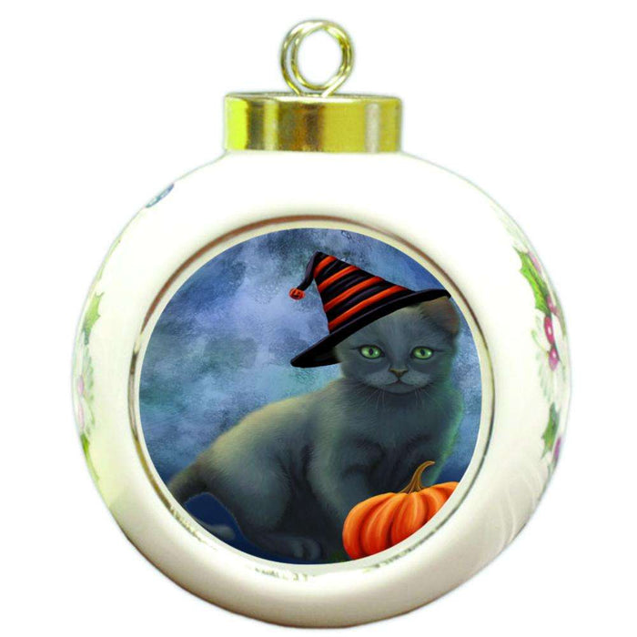 Happy Halloween Russian Blue Cat Wearing Witch Hat with Pumpkin Round Ball Christmas Ornament RBPOR54902