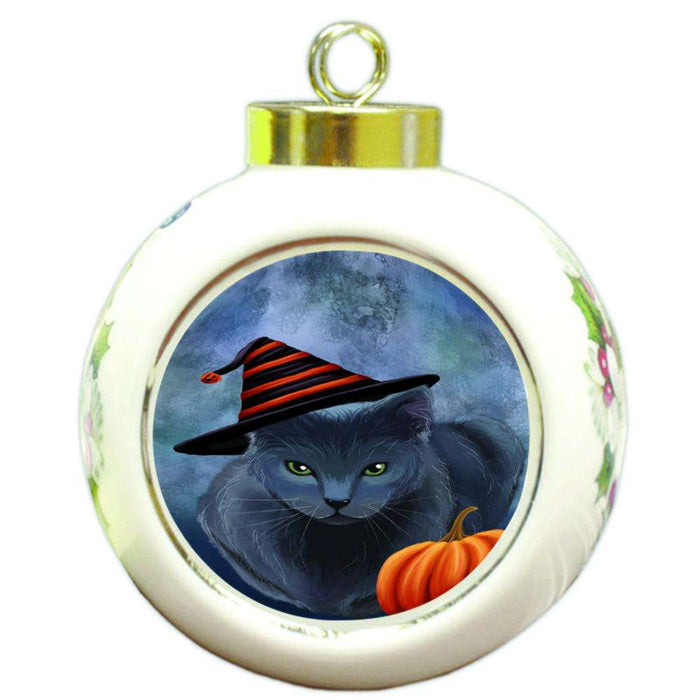 Happy Halloween Russian Blue Cat Wearing Witch Hat with Pumpkin Round Ball Christmas Ornament RBPOR54903