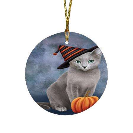 Happy Halloween Russian Blue Cat Wearing Witch Hat with Pumpkin Round Flat Christmas Ornament RFPOR54859