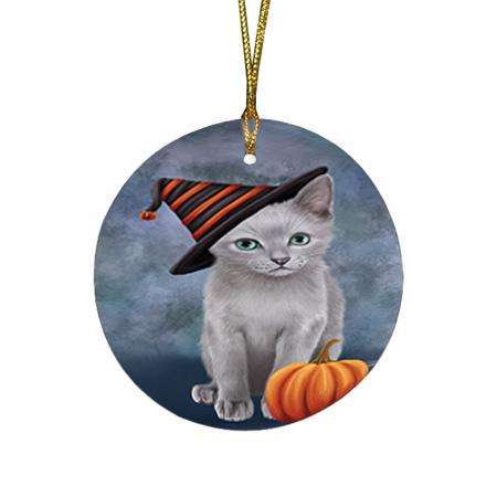 Happy Halloween Russian Blue Cat Wearing Witch Hat with Pumpkin Round Flat Christmas Ornament RFPOR54860