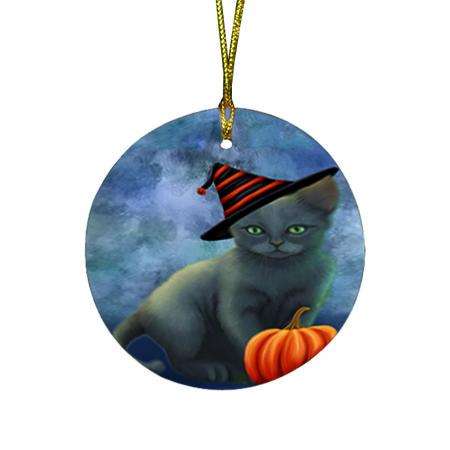Happy Halloween Russian Blue Cat Wearing Witch Hat with Pumpkin Round Flat Christmas Ornament RFPOR54893