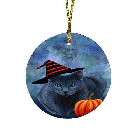 Happy Halloween Russian Blue Cat Wearing Witch Hat with Pumpkin Round Flat Christmas Ornament RFPOR54894
