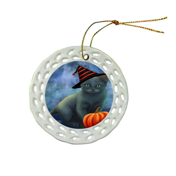 Happy Halloween Russian Blue Cat Wearing Witch Hat with Pumpkin Star Porcelain Ornament SPOR54893