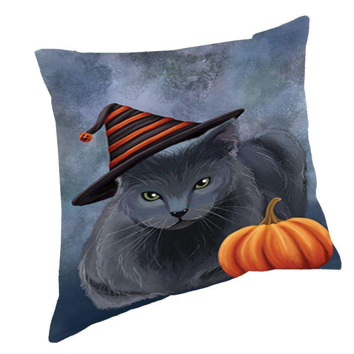 Happy Halloween Russian Blue Cat Wearing Witch Hat with Pumpkin Throw Pillow D149