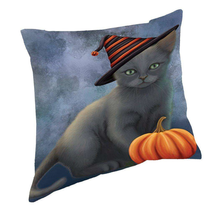 Happy Halloween Russian Blue Cat Wearing Witch Hat with Pumpkin Throw Pillow D151