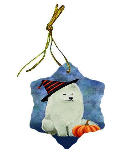 Happy Halloween Samoyed Dog Wearing Witch Hat with Pumpkin Ceramic Doily Ornament DPOR54904