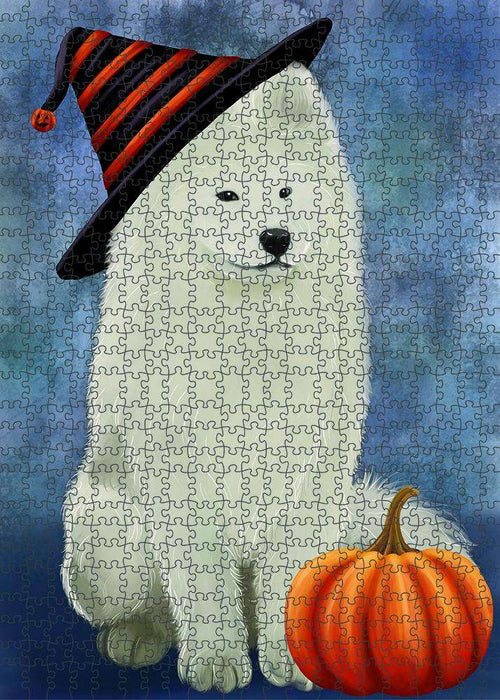 Happy Halloween Samoyed Dog Wearing Witch Hat with Pumpkin Puzzle with Photo Tin PUZL86772