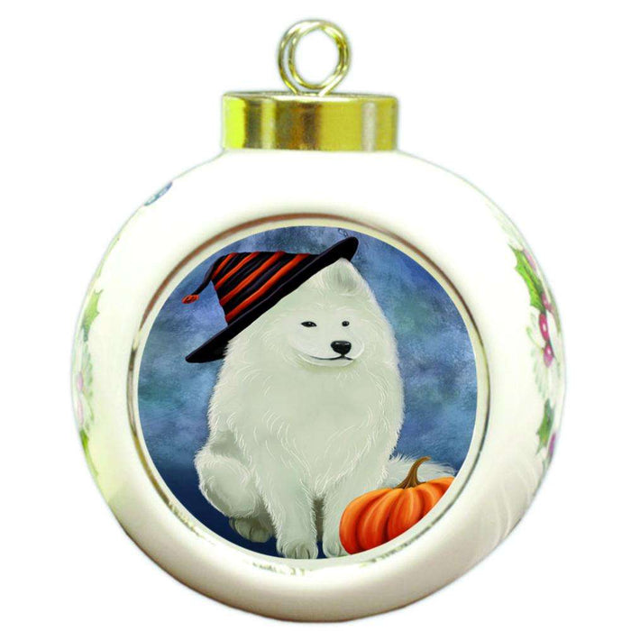 Happy Halloween Samoyed Dog Wearing Witch Hat with Pumpkin Round Ball Christmas Ornament RBPOR54904